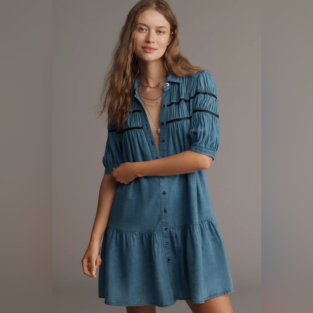 The Leanarda Shirred Yoke Mini Dress by Maeve